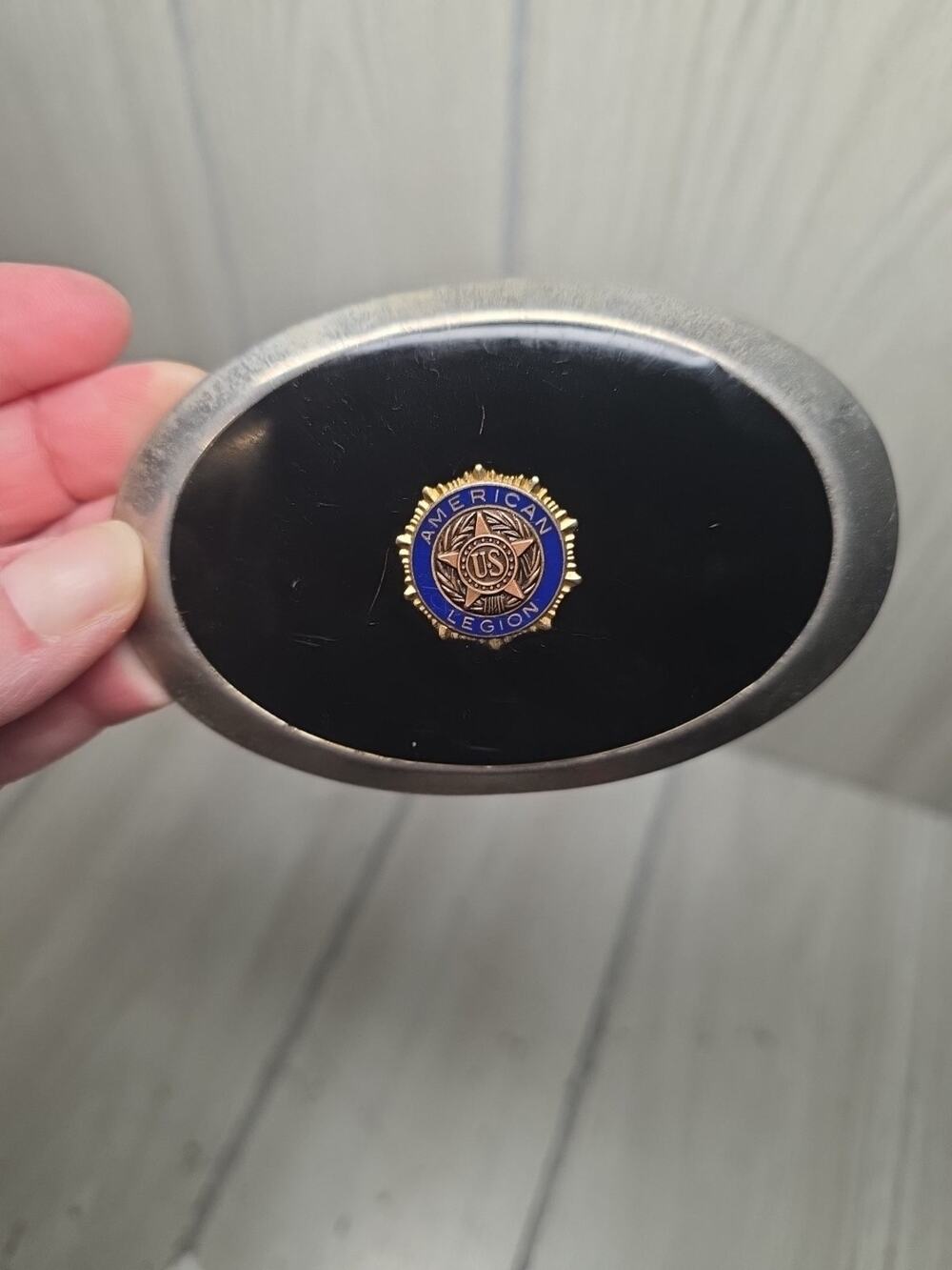 Vtg 70s American Legion Brass & Black Enamel Belt Buckle Oval Chrome Western